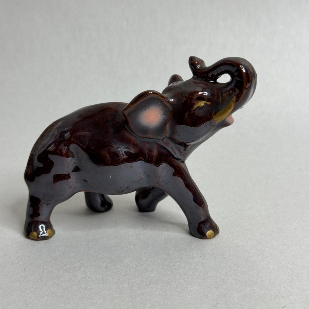 Vintage Japan Brown Glazed Ceramic Elephant Figurine Trunk Up 3.75"
